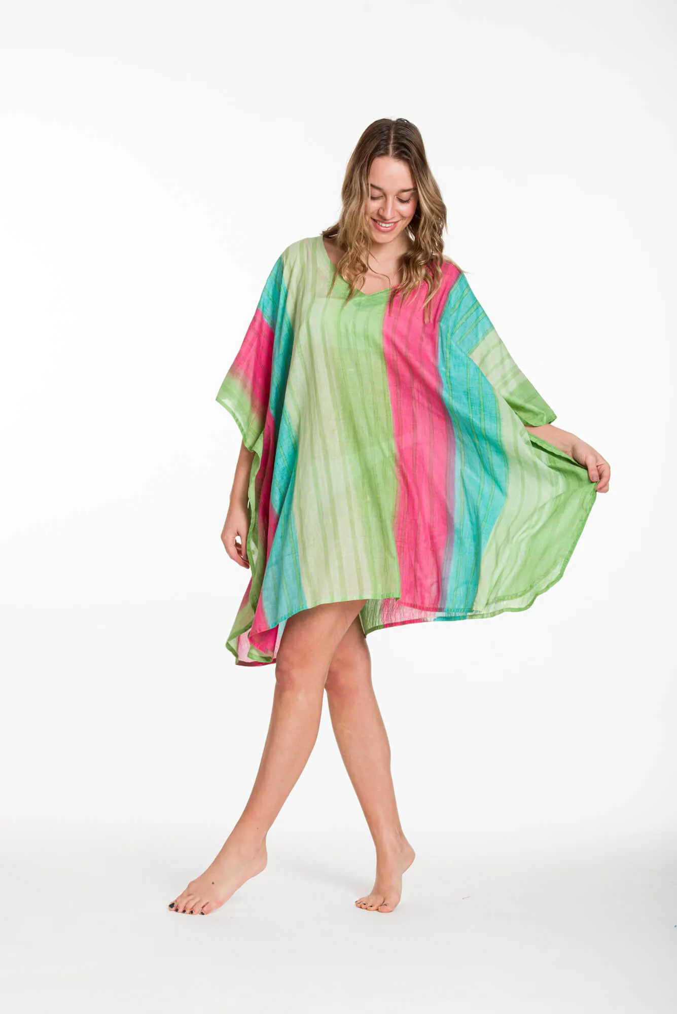 Ποντσο tie dye ριγε βαμβακερο - Πράσινο;Τυρκουάζ;Φούξια;Λαχανί πόντσο παραλίας από βαμβακερό για καλοκαιρινές resort εμφανίσεις