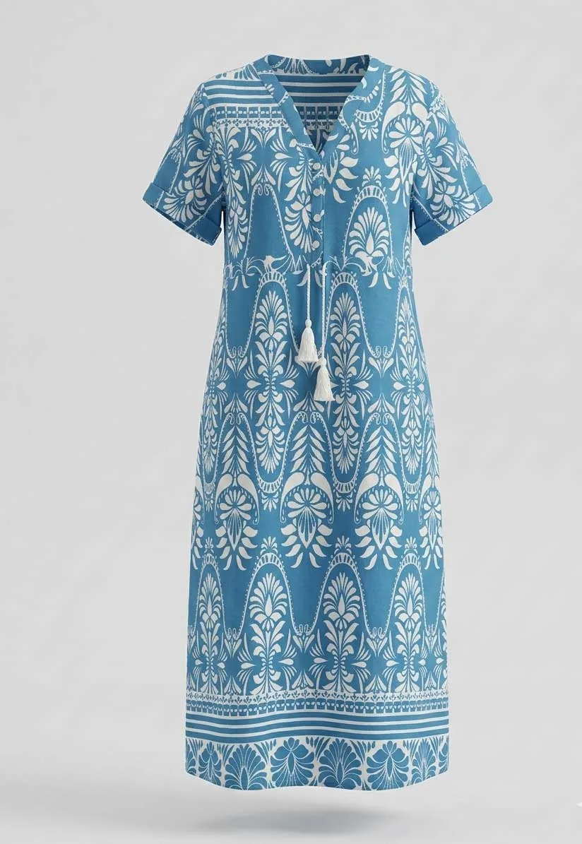 Ραφ boho resort floral print βισκοζ- λινό καφτάνι - φορεμα με κοντό μανικι - Ράφ φόρεμα παραλίας από βισκόζ για καλοκαιρινές resort εμφανίσεις