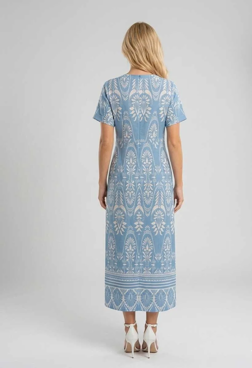 Ραφ boho resort floral print βισκοζ- λινό καφτάνι - φορεμα με κοντό μανικι - Ράφ φόρεμα παραλίας από βισκόζ για καλοκαιρινές resort εμφανίσεις