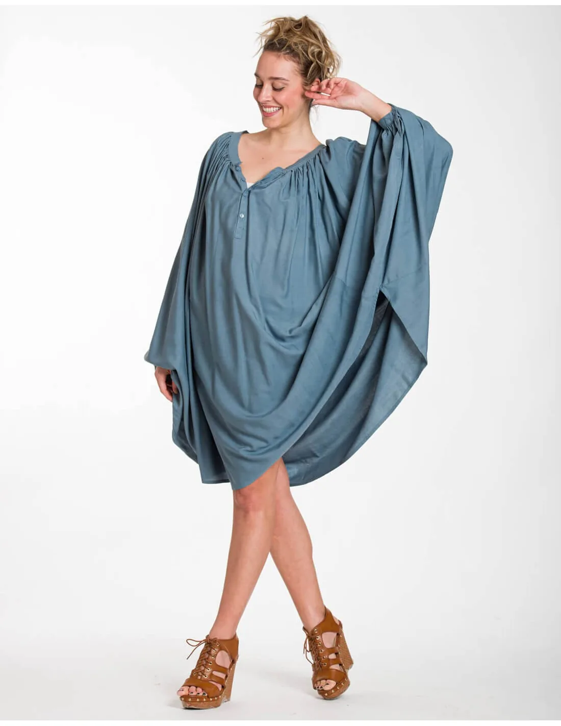 Καφτανι midi - πουκαμισοφορεμα oversize look με ρυθμιζομενα μανικια - Ράφ φόρεμα παραλίας από βισκόζ για καλοκαιρινές resort εμφανίσεις