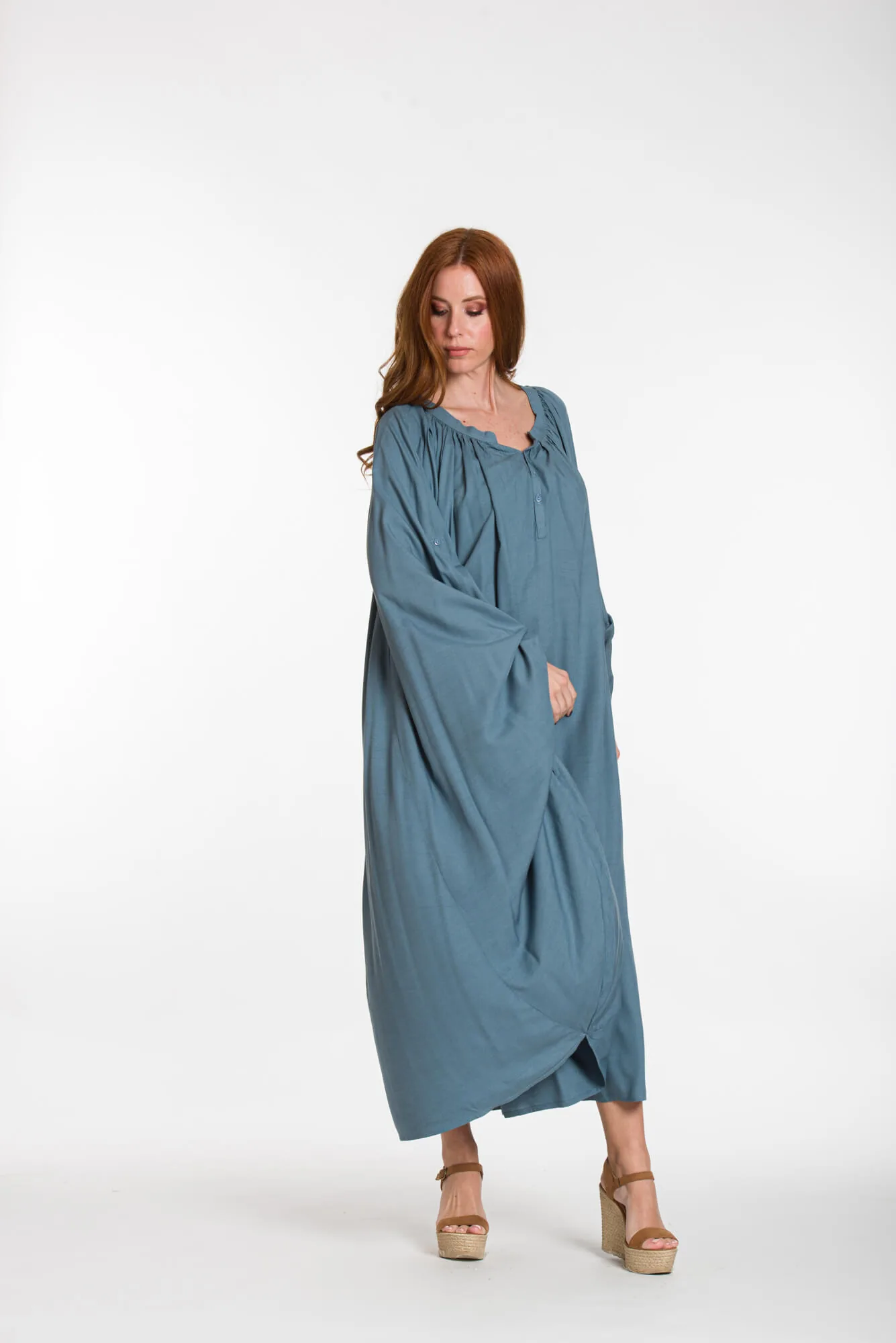 Καφτανι - πουκαμισοφορεμα oversize look με ρυθμιζομενα μανικια - Ράφ φόρεμα παραλίας από βισκόζ για καλοκαιρινές resort εμφανίσεις