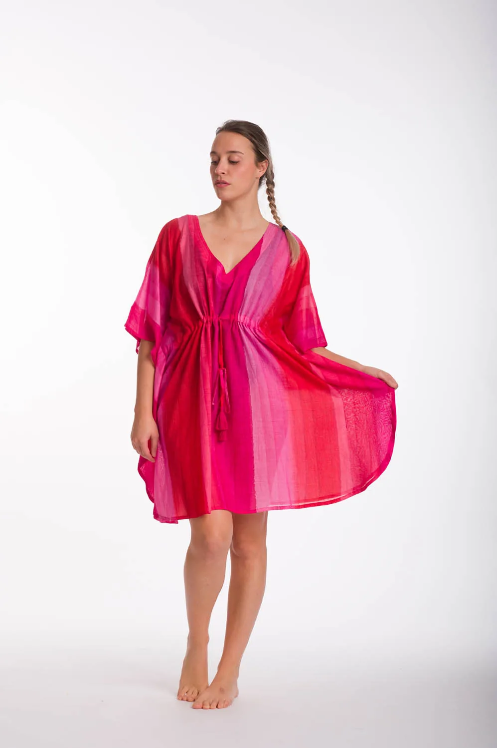 Ρόζ ποντσο tie dye ριγε βαμβακερο με κορδονι - Ρόζ;Φούξια πόντσο παραλίας από βαμβακερό για καλοκαιρινές resort εμφανίσεις
