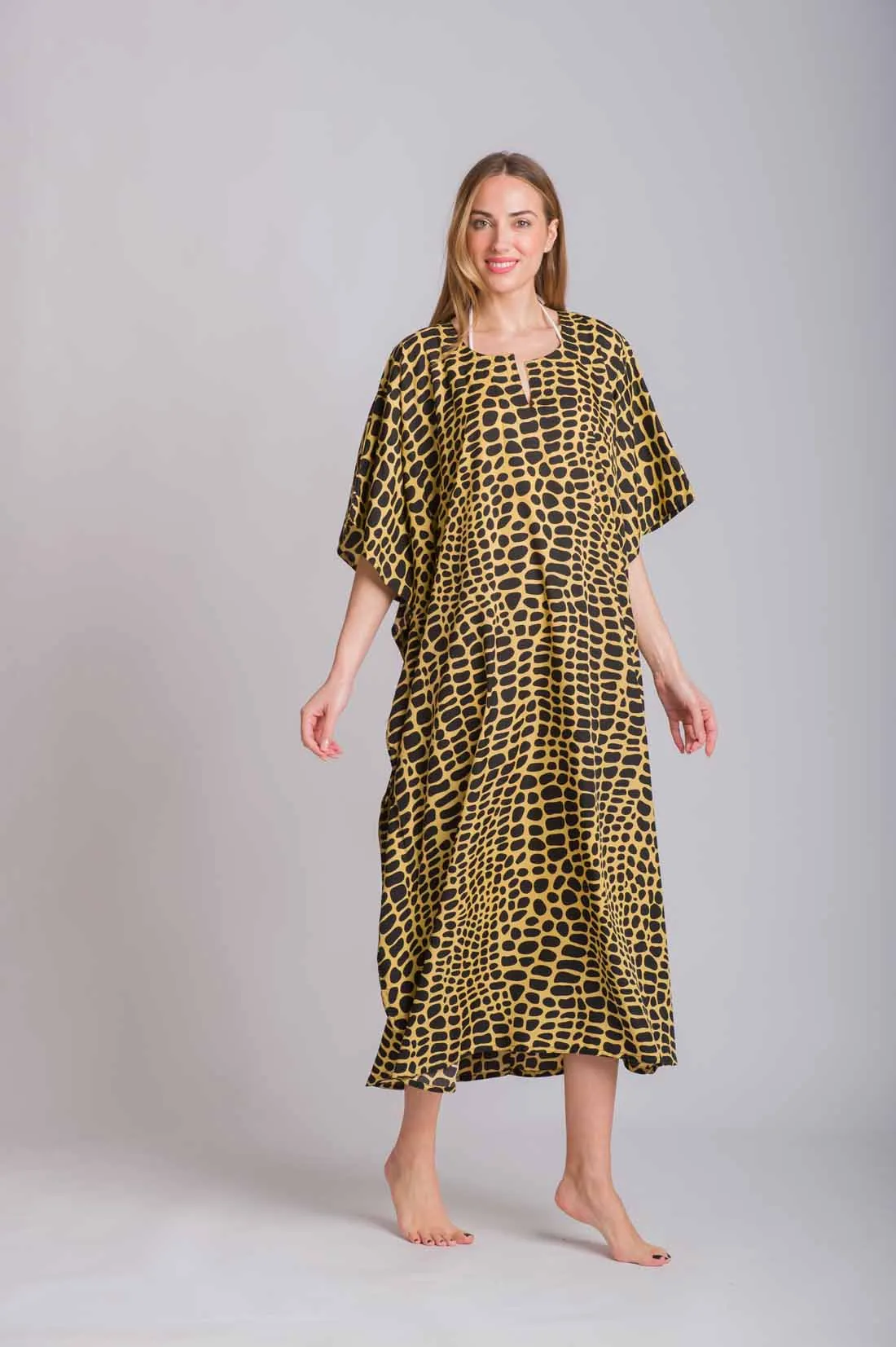 Καμηλό καφτανι animal print mmf silk touch - Τιγρέ καφτάνι παραλίας από animal print για καλοκαιρινές resort εμφανίσεις