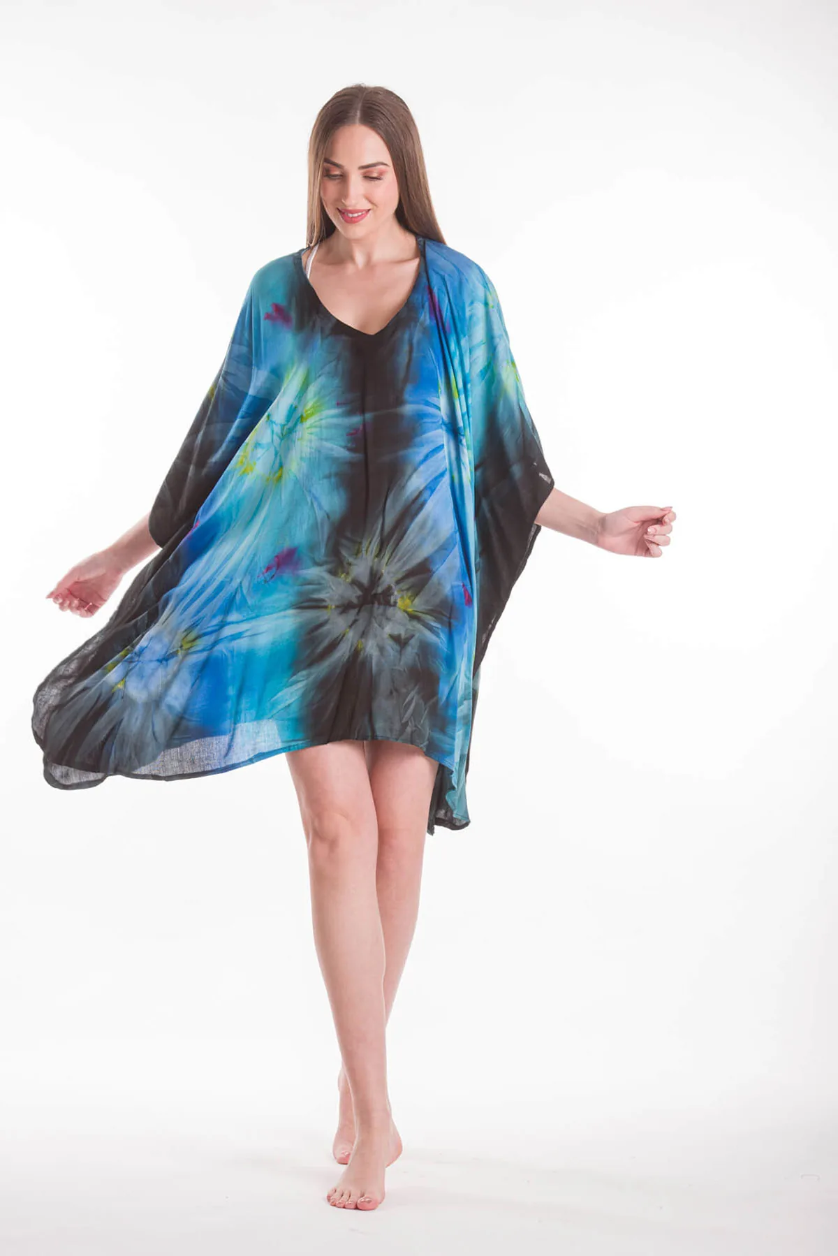 Ποντσο βισκοζ tie dye εκρηξη - Τυρκουάζ;Blue Black πόντσο παραλίας από βισκόζ για καλοκαιρινές resort εμφανίσεις