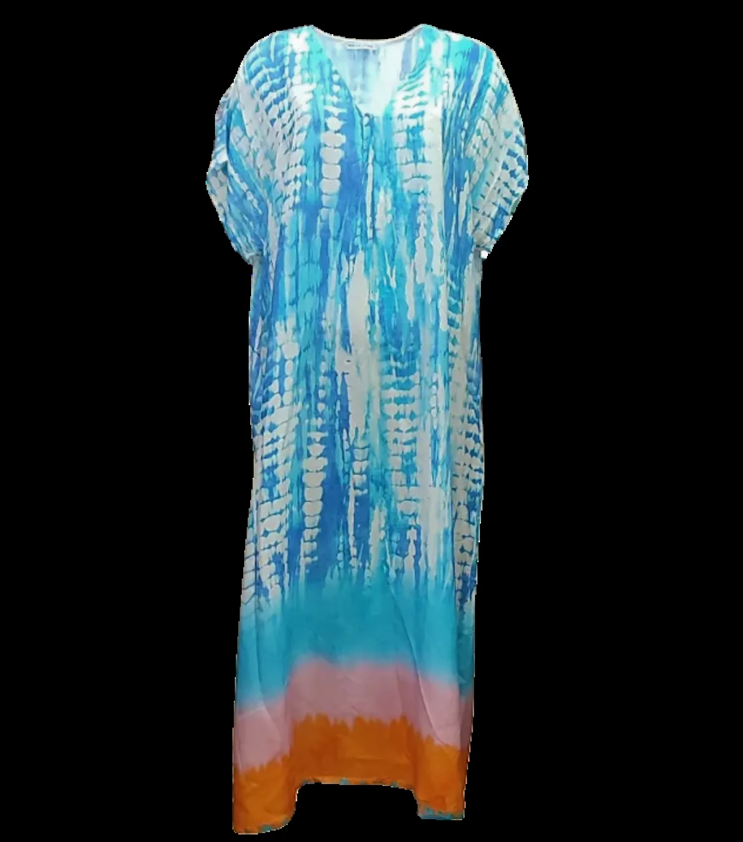 Καφτανι - φορεμα maxi βισκοζ shibori tie dye με κοντο μανικι - Τυρκουάζ φόρεμα παραλίας από βισκόζ για καλοκαιρινές resort εμφανίσεις