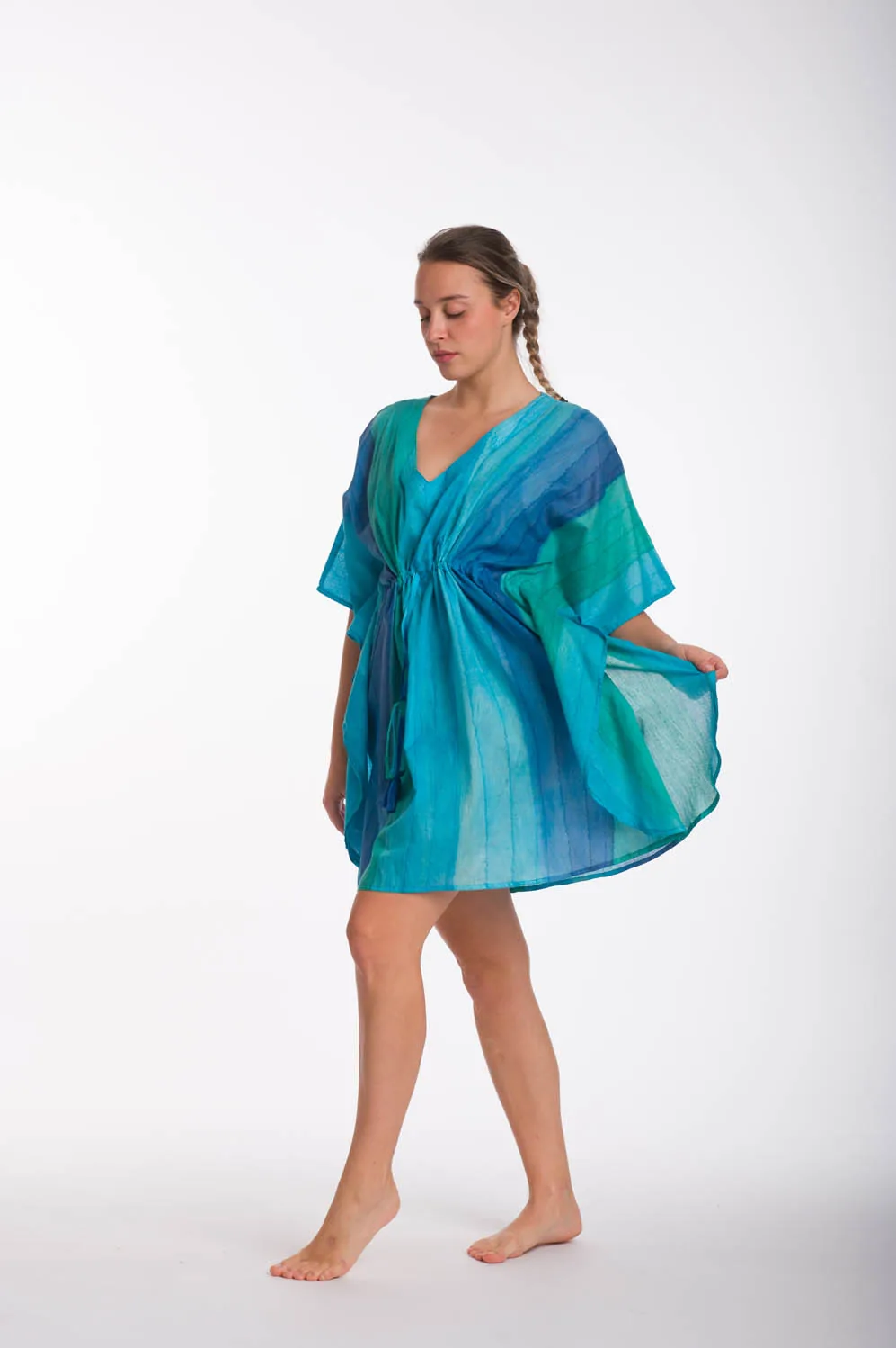 Τυρκουάζ ποντσο tie dye ριγε βαμβακερο με κορδονι - πόντσο παραλίας από βαμβακερό για καλοκαιρινές resort εμφανίσεις