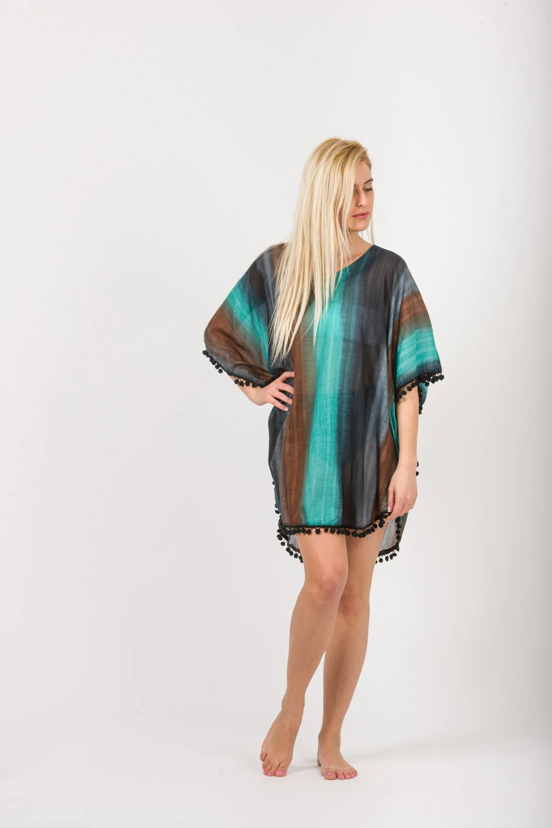 Ποντσο tie dye ριγε βαμβακερο με pon pon - Βεραμάν;Καφέ;Ράφ παρεό παραλίας από βαμβακερό για καλοκαιρινές resort εμφανίσεις