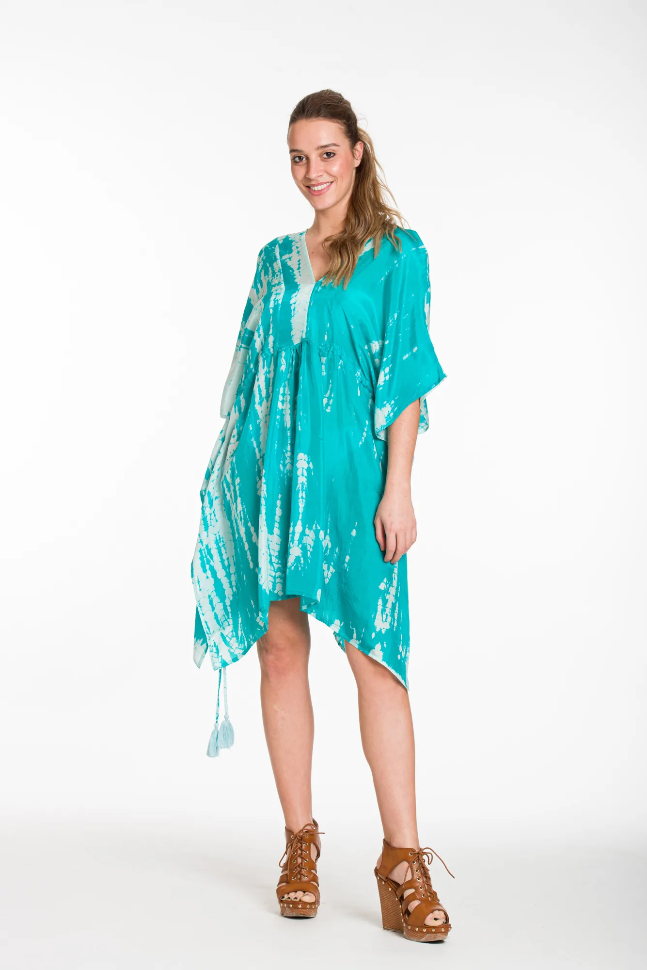 Καφτανι midi μεταξωτο 100% tie dye με κρυφο aduster στις πλαινες - Βεραμάν καφτάνι παραλίας για καλοκαιρινές resort εμφανίσεις