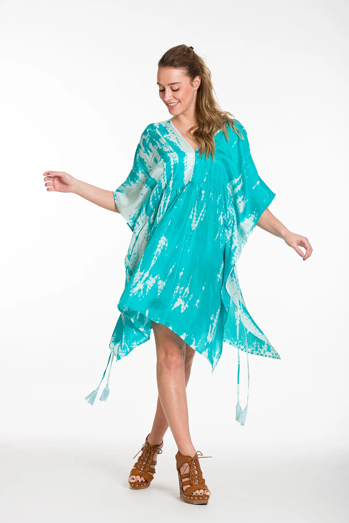 Καφτανι midi μεταξωτο 100% tie dye με κρυφο aduster στις πλαινες - Βεραμάν καφτάνι παραλίας για καλοκαιρινές resort εμφανίσεις